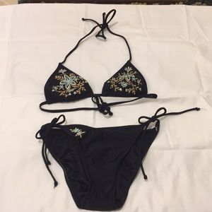 Black w/blue tan floral Embroidery String Bikini